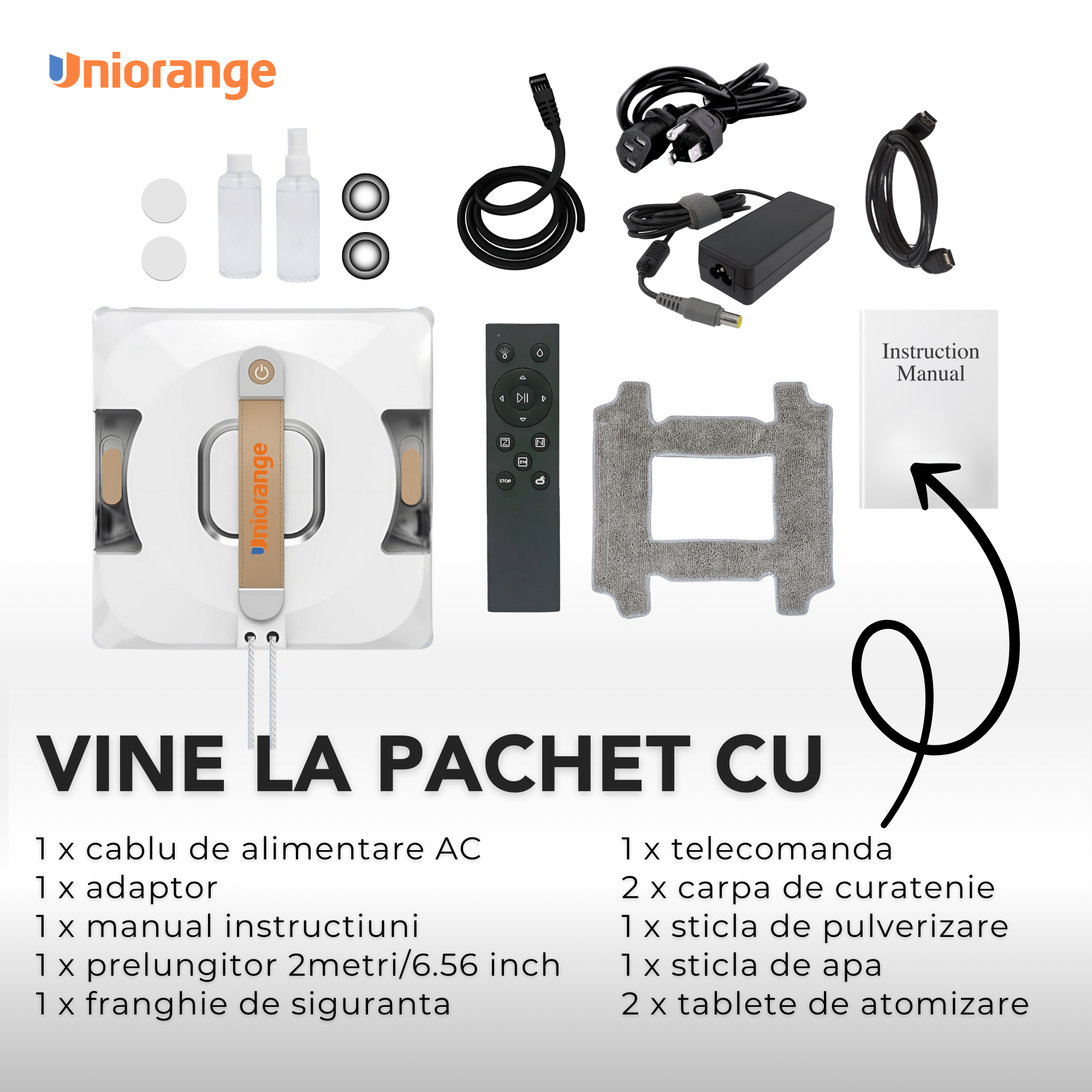Robot Curatare Geamuri Uniorange C3 Smart Window Robot, Mod de Curatare a Marginilor, Pulverizator de Apa cu Duze Triple, Sistem de Protectie cu 10 Niveluri, Control Aplicatie, Winbot electric, alb