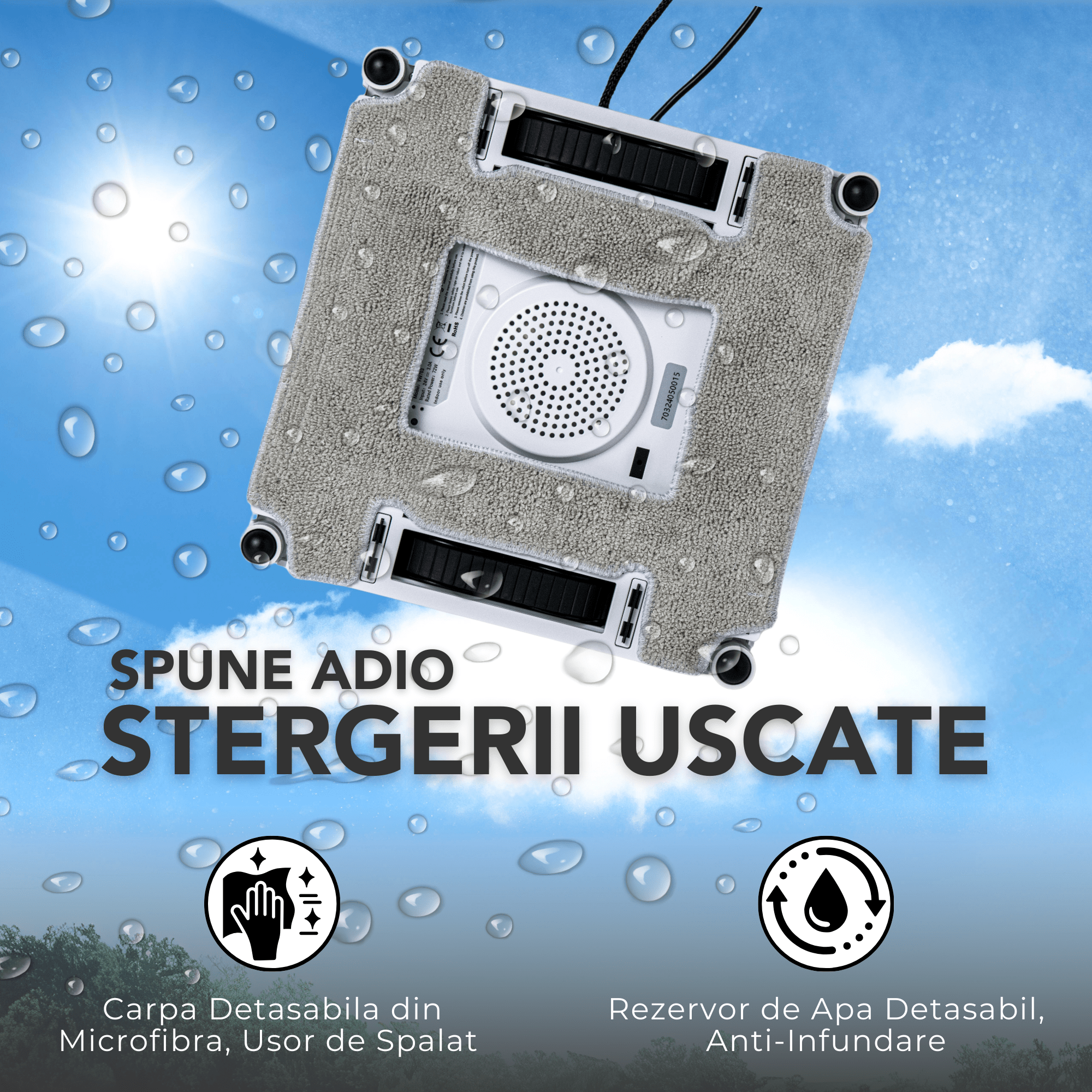 Robot Curatare Geamuri Uniorange C3 Smart Window Robot, Mod de Curatare a Marginilor, Pulverizator de Apa cu Duze Triple, Sistem de Protectie cu 10 Niveluri, Control Aplicatie, Winbot electric, alb