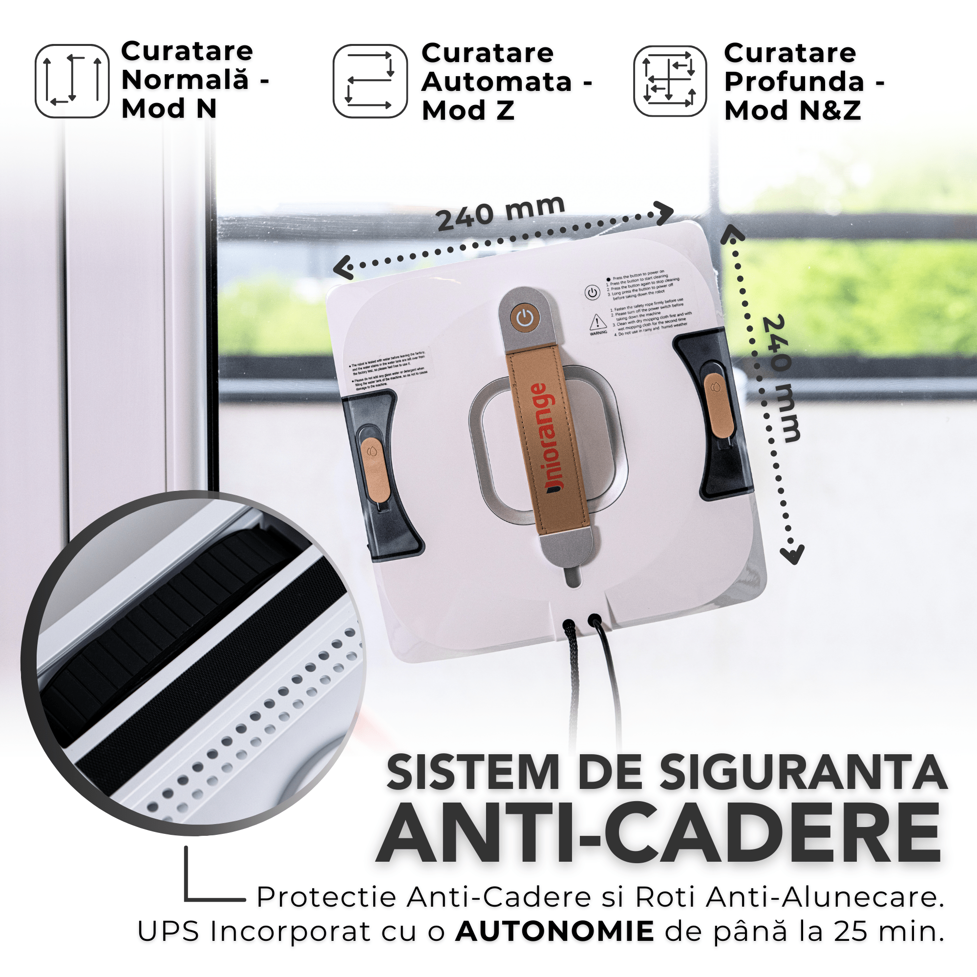 Robot Curatare Geamuri Uniorange C3 Smart Window Robot, Mod de Curatare a Marginilor, Pulverizator de Apa cu Duze Triple, Sistem de Protectie cu 10 Niveluri, Control Aplicatie, Winbot electric, alb