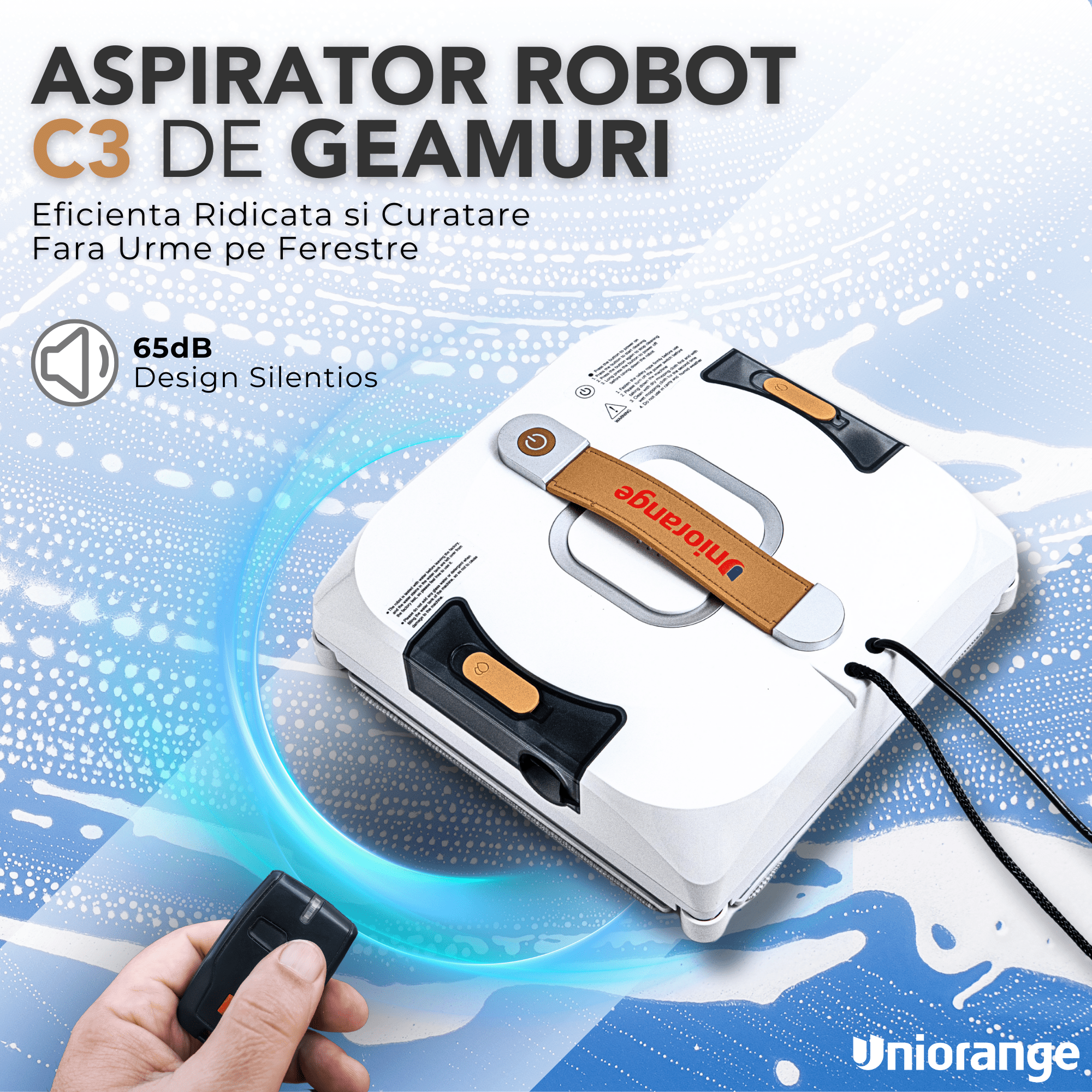 Robot Curatare Geamuri Uniorange C3 Smart Window Robot, Mod de Curatare a Marginilor, Pulverizator de Apa cu Duze Triple, Sistem de Protectie cu 10 Niveluri, Control Aplicatie, Winbot electric, alb