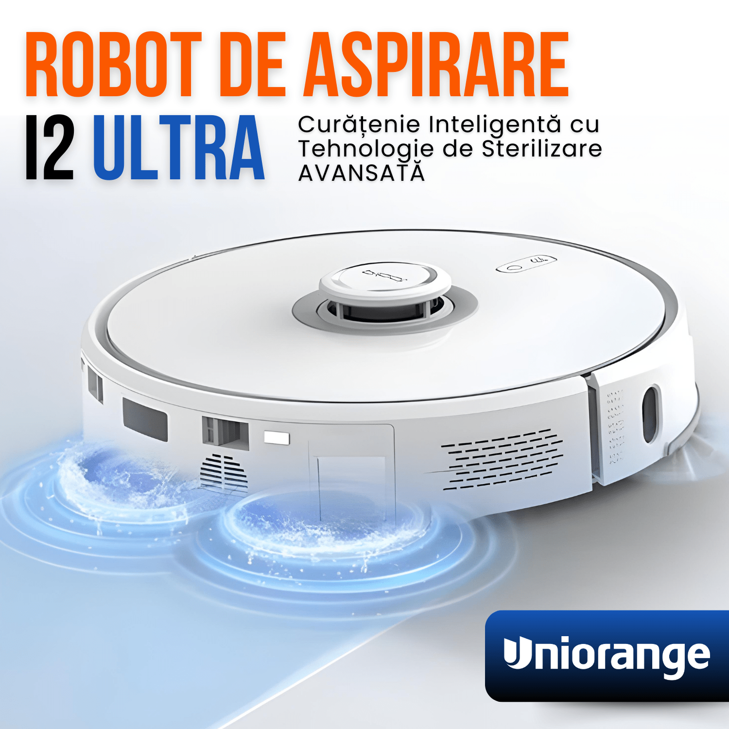 Robot de Aspirare cu Mop Rotativ, Uniorange I2 Ultra, 4000 pa, Auto-Curatare Mop, Recipient Praf 2.5 l, Uscare Mop la 50 de grade, Statie Automata, 4 senzori, Control App, Alb