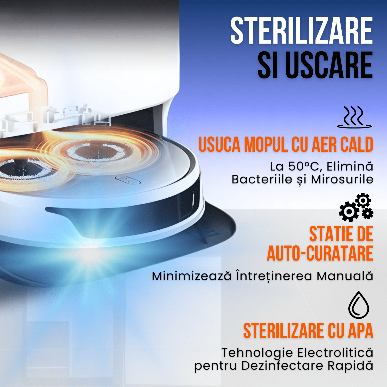 Robot de Aspirare cu Mop Rotativ, Uniorange I2 Ultra, 4000 pa, Auto-Curatare Mop, Recipient Praf 2.5 l, Uscare Mop la 50 de grade, Statie Automata, 4 senzori, Control App, Alb