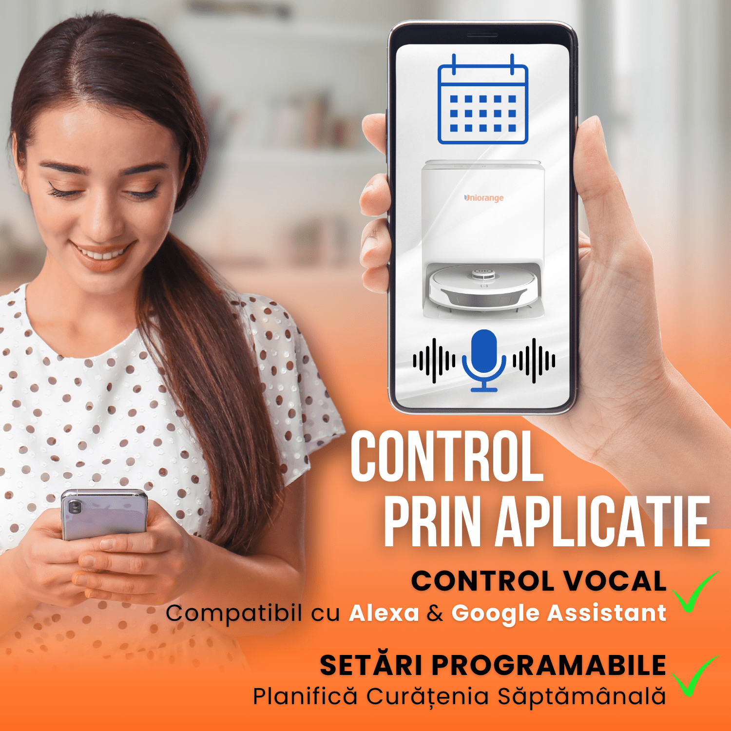 Robot de Aspirare cu Mop Rotativ, Uniorange I2 Ultra, 4000 pa, Auto-Curatare Mop, Recipient Praf 2.5 l, Uscare Mop la 50 de grade, Statie Automata, 4 senzori, Control App, Alb