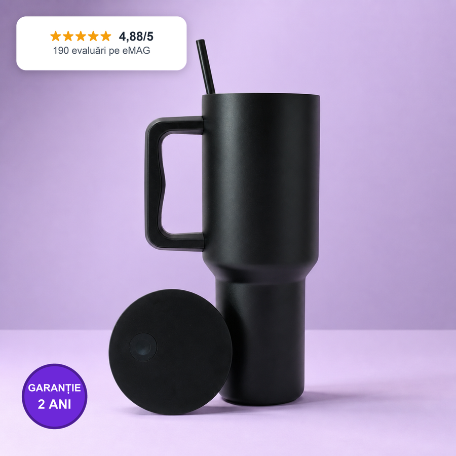 Cana termos cu maner si pai, Purpley®, pentru bauturi calde/reci, otel inoxidabil, 1.2 L, negru