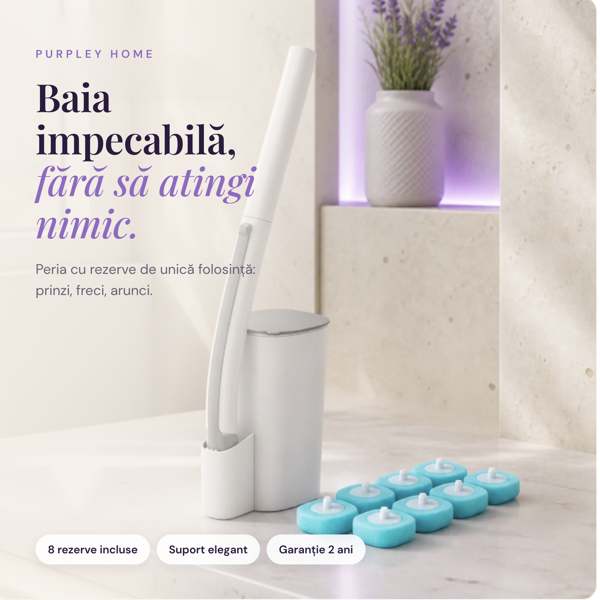 Perie WC pentru toaleta, Purpley, de unica folosinta, design premium, 8 capete de schimb, Alba