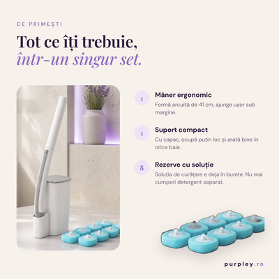 Perie WC pentru toaleta, Purpley, de unica folosinta, design premium, 8 capete de schimb, Alba