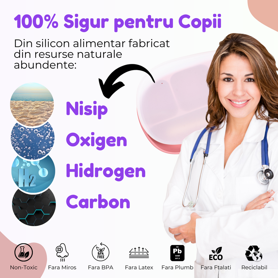 Compoziția siliconului alimentar și certificările fără BPA, ftalați și plumb ale setului Purpley