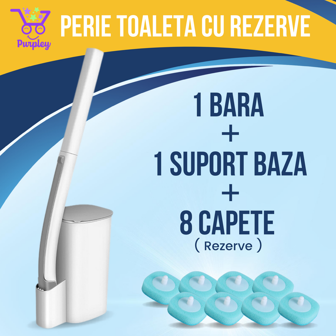 Conținutul pachetului: mâner, suport și opt capete de schimb Purpley