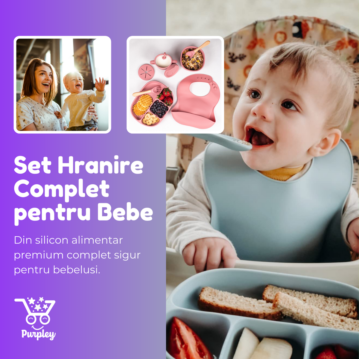 Set hrănire Purpley complet și bebeluș folosindu-l la masă