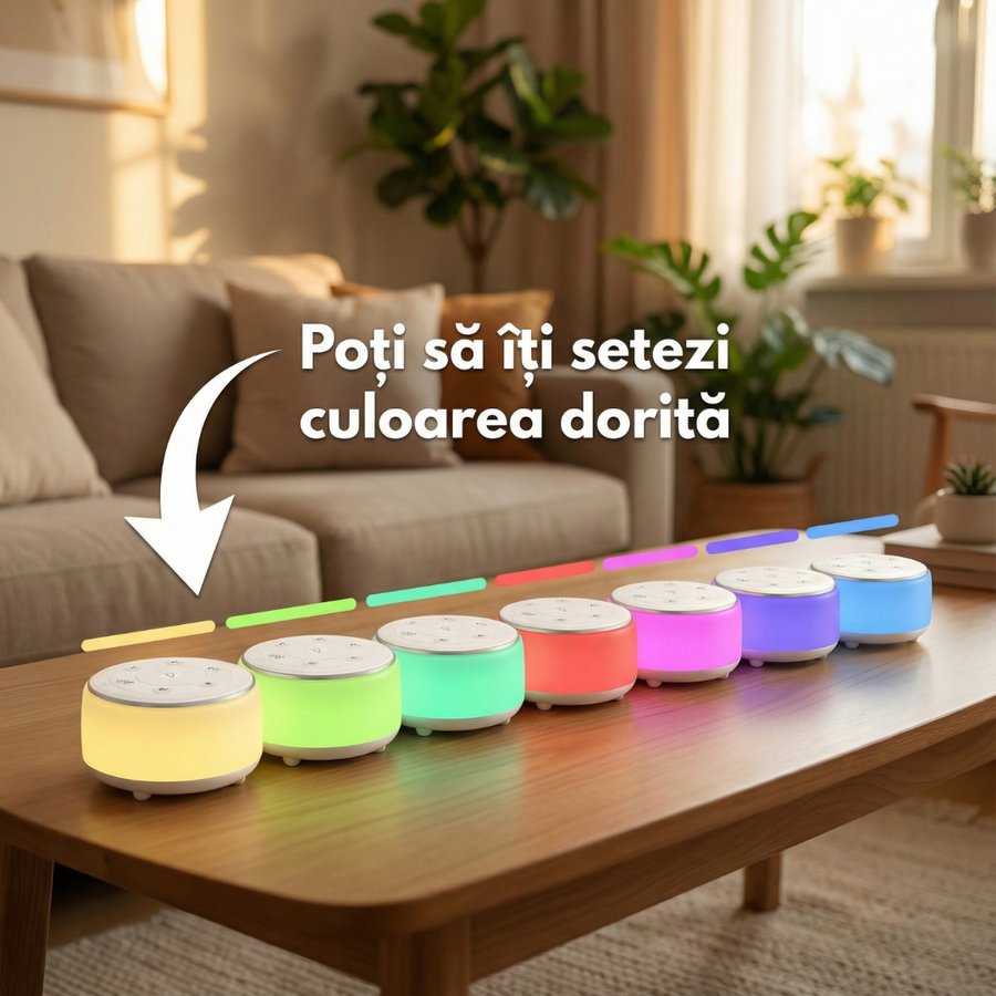 Șapte dispozitive Purpley, fiecare aprins într-o altă culoare, cu textul „Poți să îți setezi culoarea dorită”