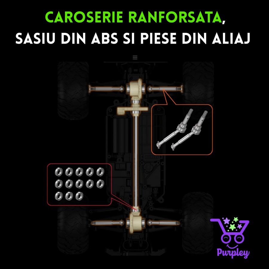 Transmisia din aliaj metalic și șasiul ranforsat ale mașinii RC Purpley, văzute de dedesubt
