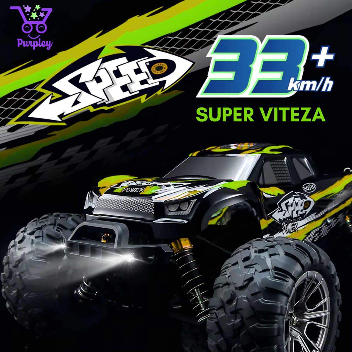 Mașină cu telecomandă Purpley Monster Truck, verde, cu luminile LED aprinse