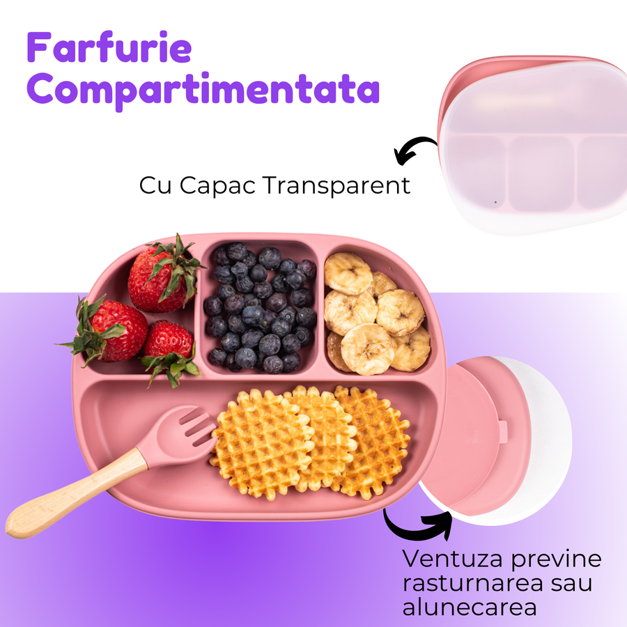 Farfuria compartimentată Purpley cu capac transparent și ventuză antialunecare