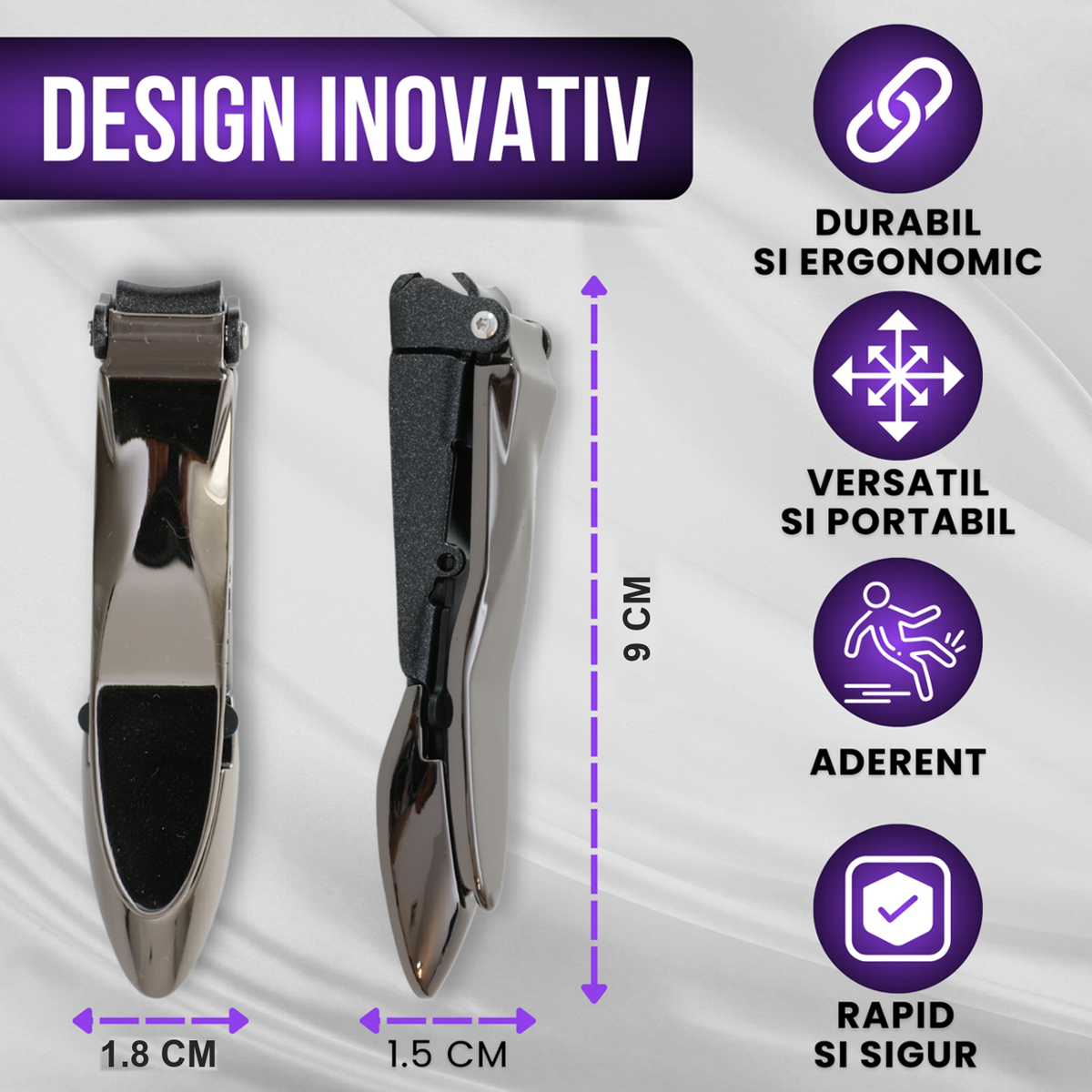 Dimensiunile unghierei Purpley: 9 cm lungime, 1,8 cm latime, otel inoxidabil