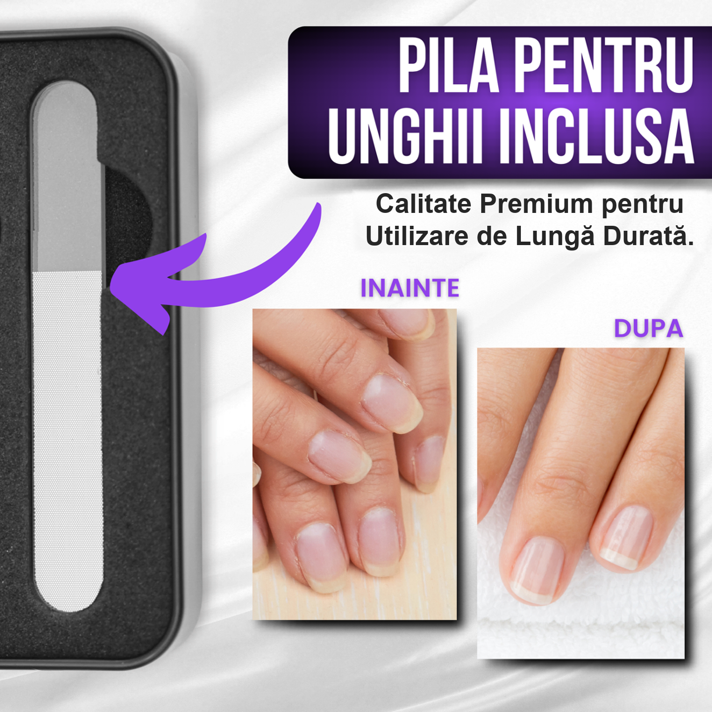 Pila premium inclusa in setul Purpley, cu rezultat inainte si dupa