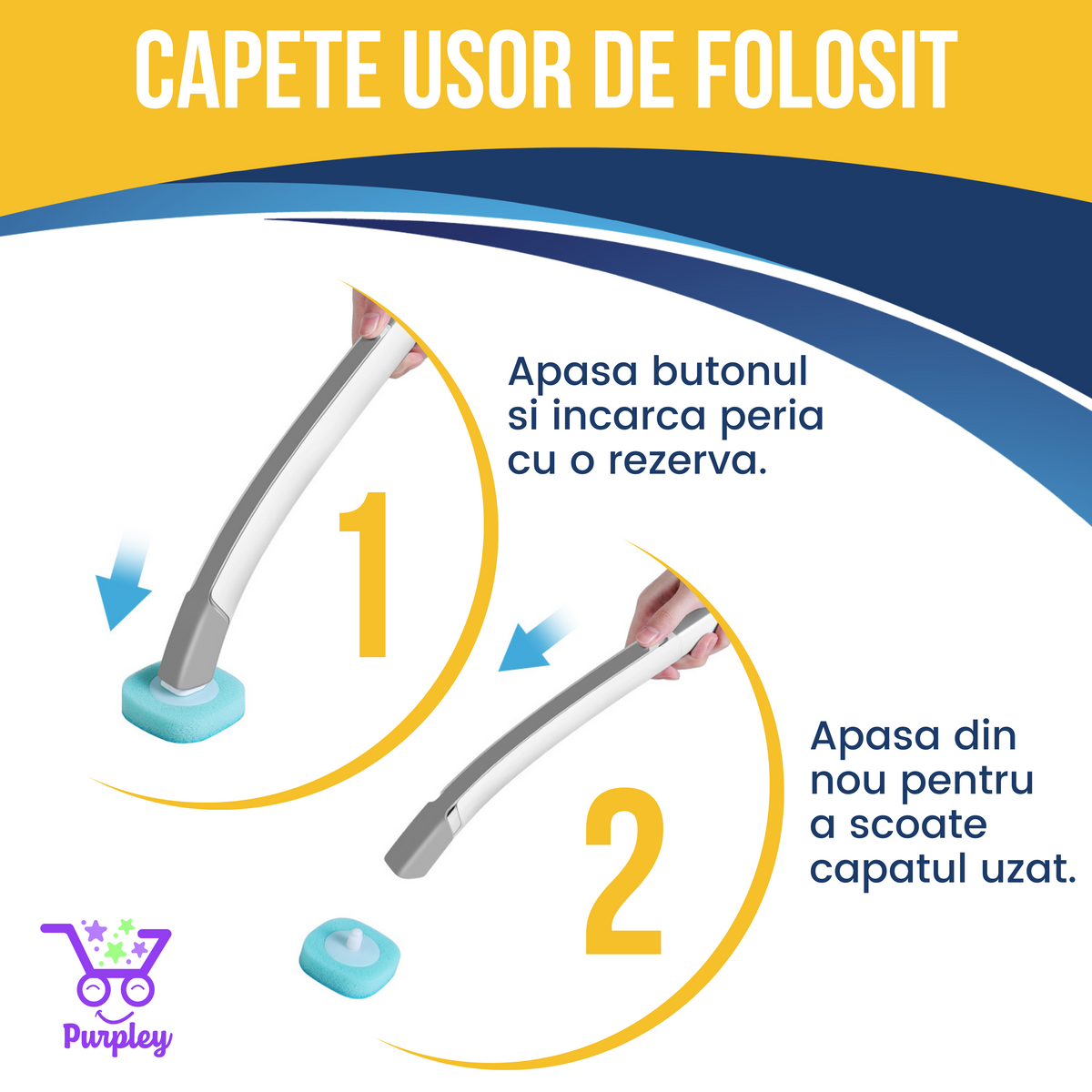 Pașii de atașare, folosire și detașare a capului periei WC Purpley