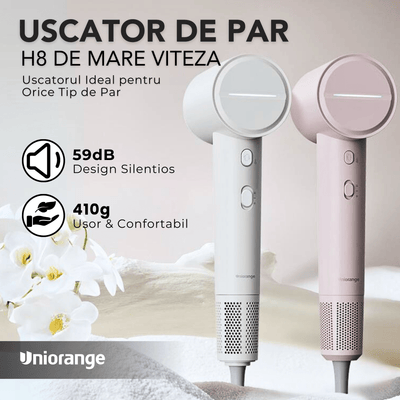 Uscator de Par Profesional Uniorange® H8, Plasma, 110000 RPM, Copii, Adulti, Ioni Negativi Feon, Brushless, 3 Trepte Temperatura, 2 Viteze, Concentrator Atasare Magnetica, 1800W, Alb