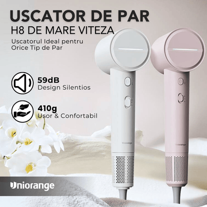 Uscator de Par Profesional Uniorange® H8, Plasma, 110000 RPM, Copii, Adulti, Ioni Negativi Feon, Brushless, 3 Trepte Temperatura, 2 Viteze, Concentrator Atasare Magnetica, 1800W, Alb