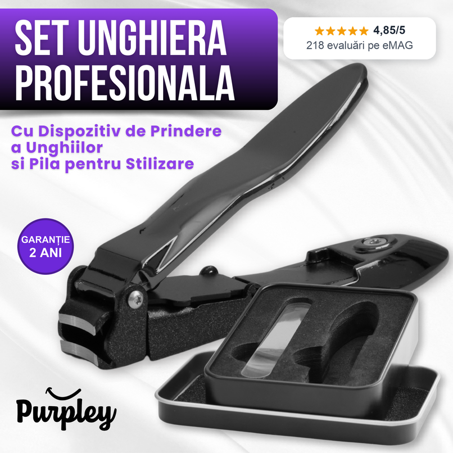 Set Unghiera Profesionala din Otel, Purpley®, cu dispozitiv de Prindere Unghii si Pila, Manichiura, Pedichiura