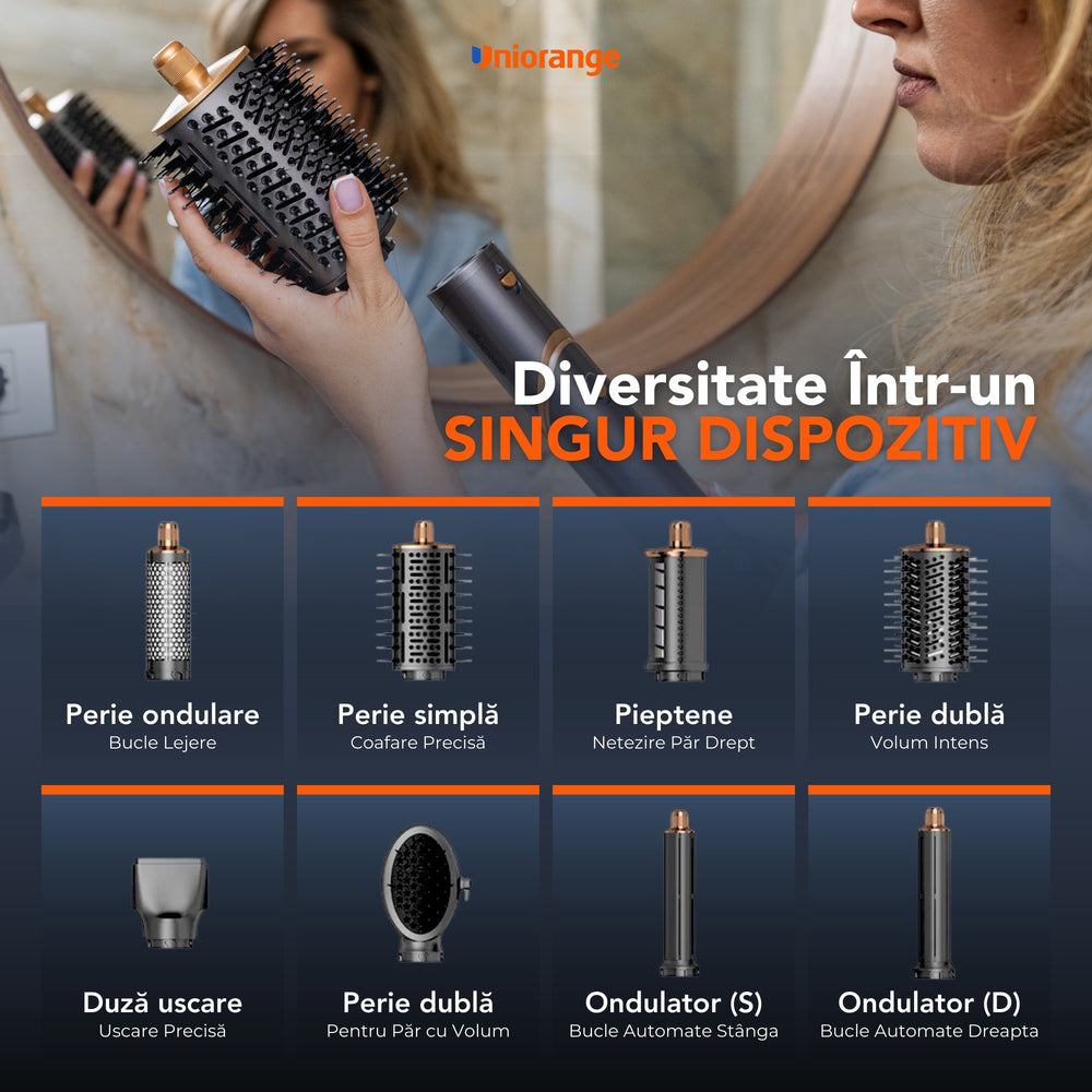 Utilizările celor 8 capete Uniorange M8 pentru bucle, uscare, netezire și volum