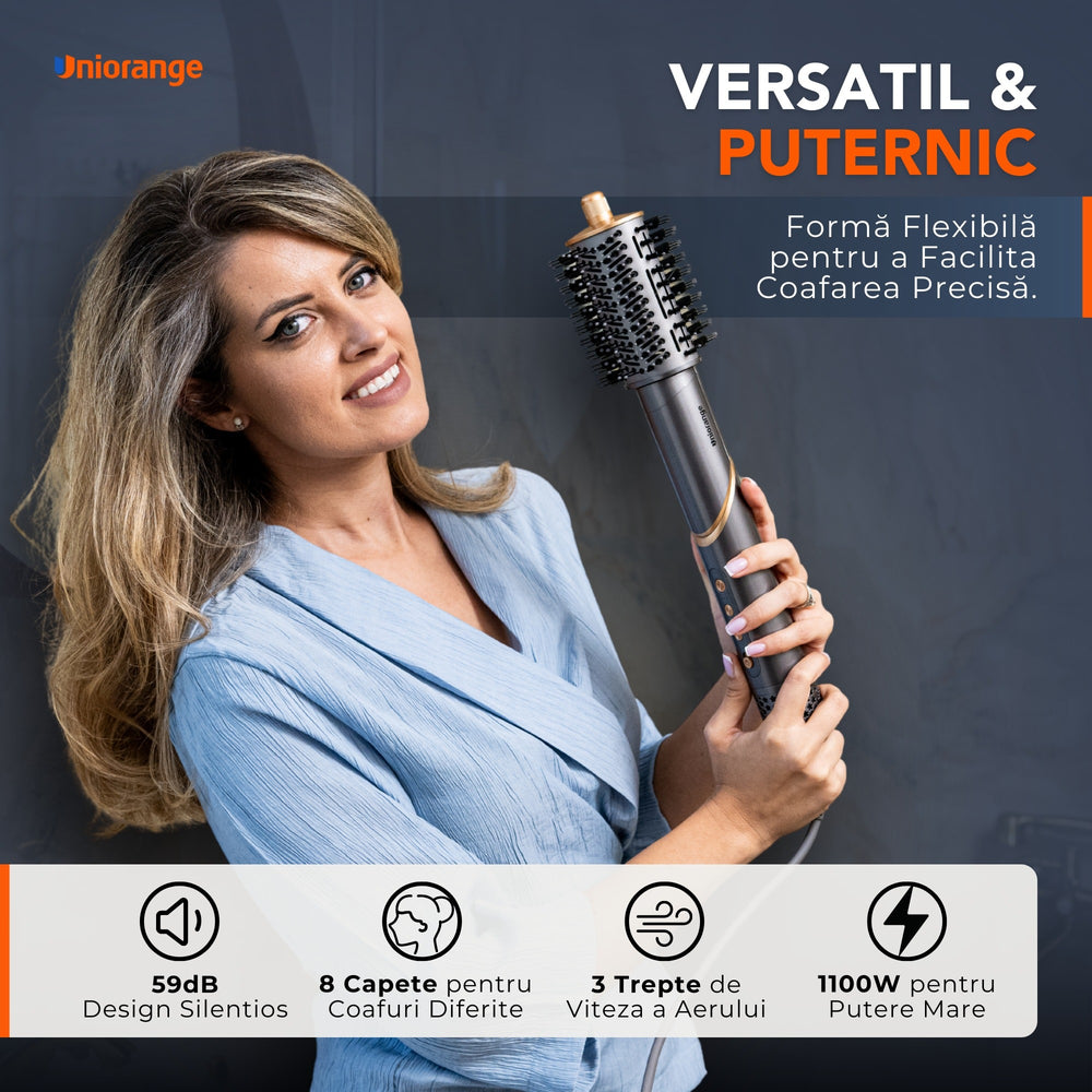 Uniorange M8 pentru coafare cu 8 capete, 3 viteze, putere de 1100 W și nivel sonor declarat de 59 dB
