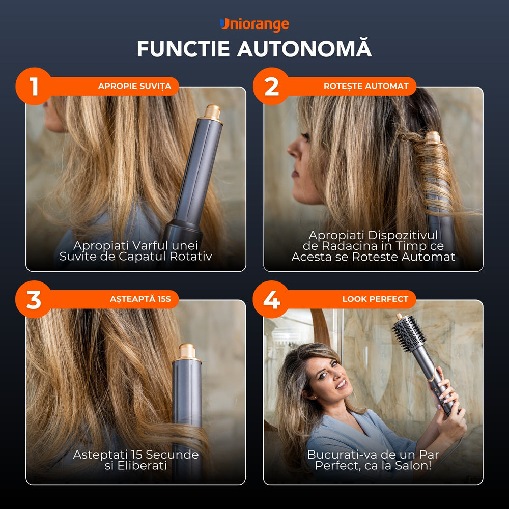 Pașii pentru folosirea capătului Uniorange M8 care înfășoară automat șuvița pentru bucle