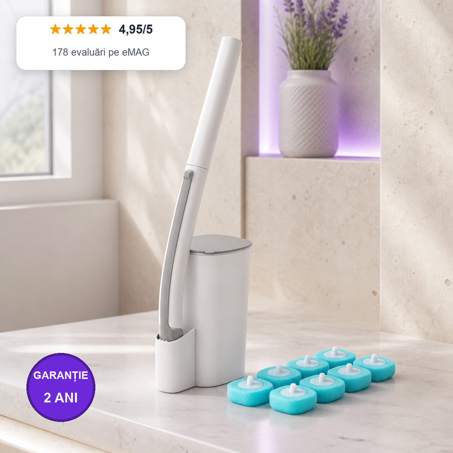 Perie WC pentru toaleta, Purpley, de unica folosinta, design premium, 8 capete de schimb, Alba