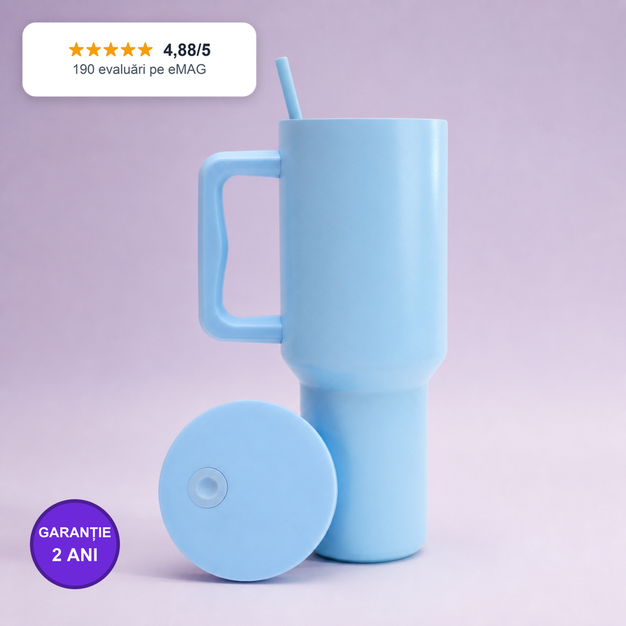 Cana termos cu maner si pai, Purpley®, pentru bauturi calde/reci, otel inoxidabil, 1.2 L, albastru