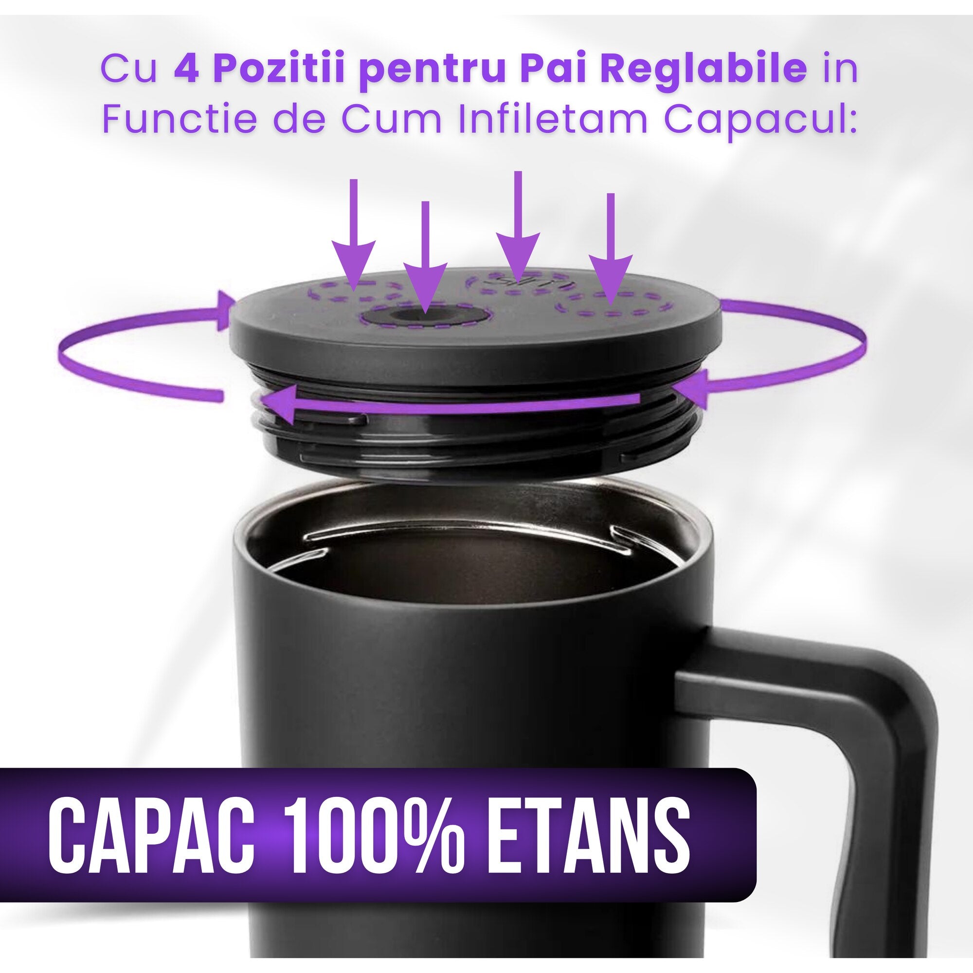 Capacul cănii termos Purpley cu poziții reglabile pentru pai