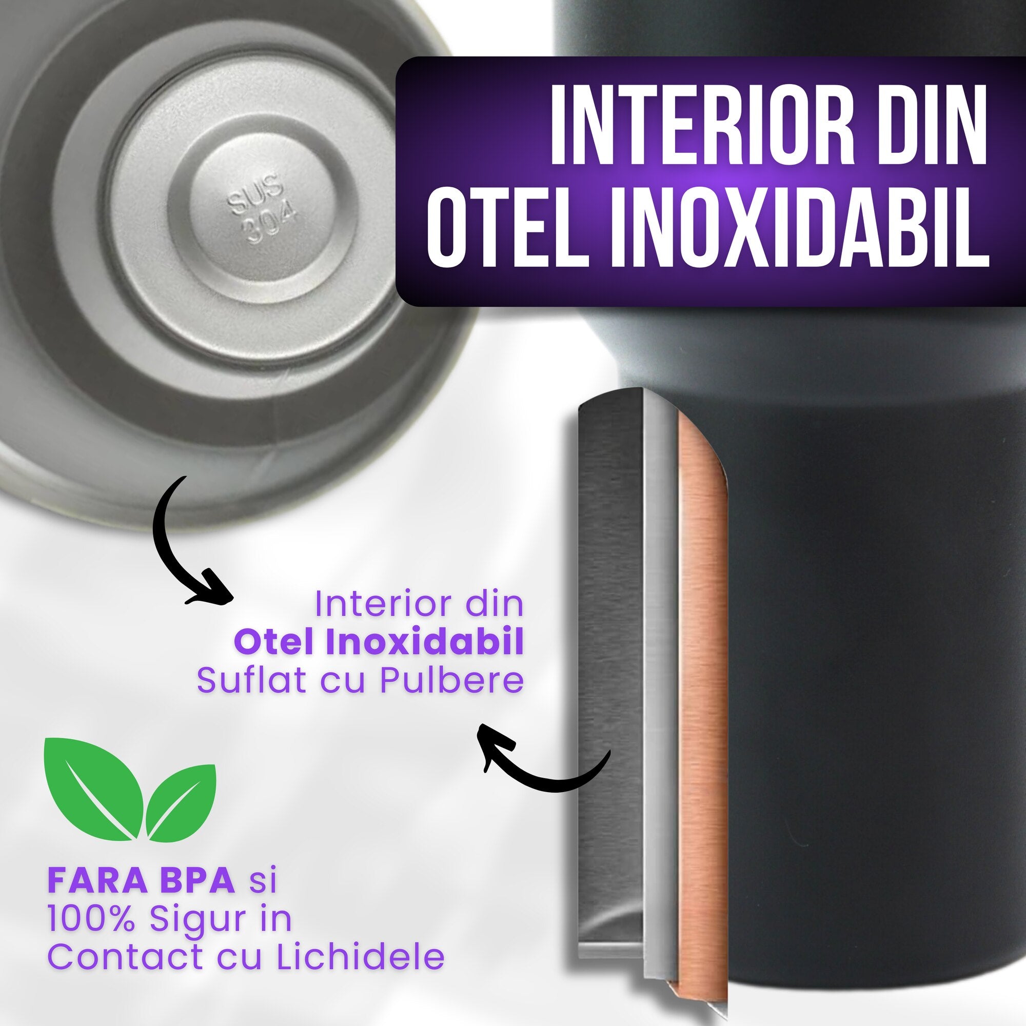 Interiorul din oțel inoxidabil al cănii termos Purpley